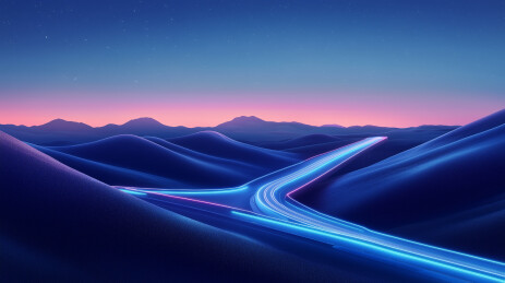未来景观蓝山霓虹路映渐变夜空