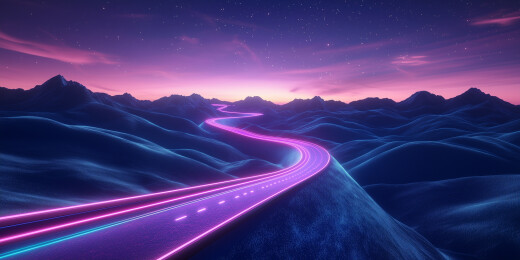 未来景观蓝山霓虹路映渐变夜空