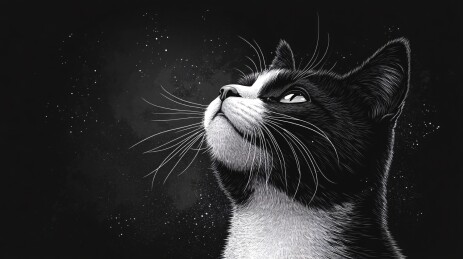 仰望星空的黑白猫咪插画