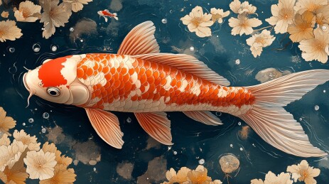 水中锦鲤与繁花插画