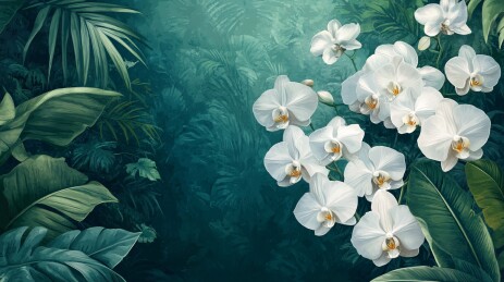 白色兰花与绿叶插画