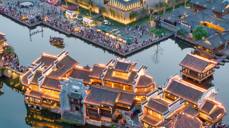 傍晚四川宜宾地标李庄古镇无人机航拍