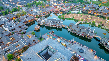 傍晚四川宜宾地标李庄古镇无人机航拍