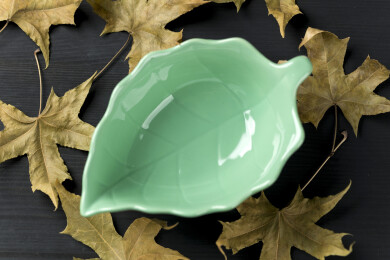 一个树叶形状绿色小碟特写