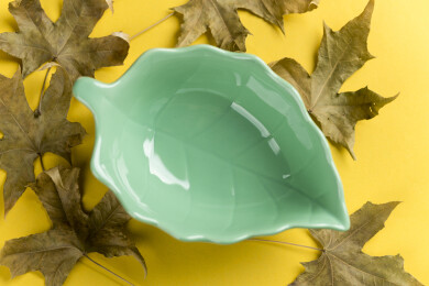 一个树叶形状绿色小碟特写