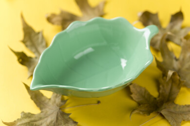 一个树叶形状绿色小碟特写