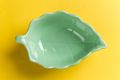 一个树叶形状绿色小碟特写