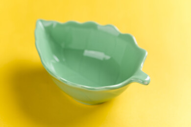 一个树叶形状绿色小碟特写