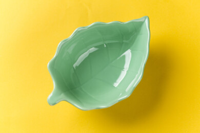 一个树叶形状绿色小碟特写