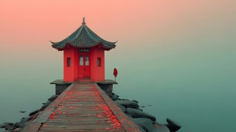 红亭静湖秋叶景