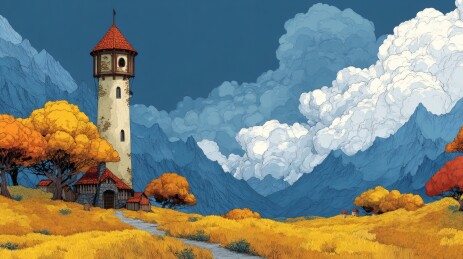 秋日山谷瞭望塔静谧风景