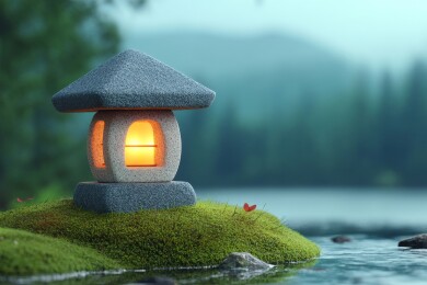 石灯微光照水流