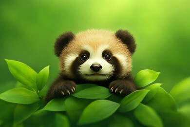 红熊猫幼崽藏身绿叶