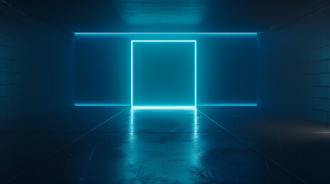 蓝色荧光灯照亮的房间与发光门框