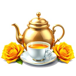 金色茶壶配茶杯与黄玫瑰