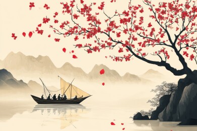红树下的江上行船图