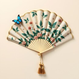 绘花折扇上停栖着一只蓝蝶