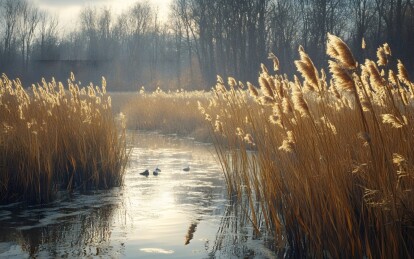 芦苇丛中的水鸟穿梭