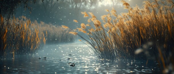 芦苇丛中的波光与蛙声