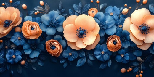 蓝底橙花花卉插画
