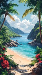 热带海滩美丽风光插画