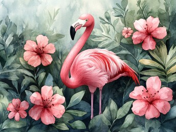 粉色火烈鸟与花卉插画