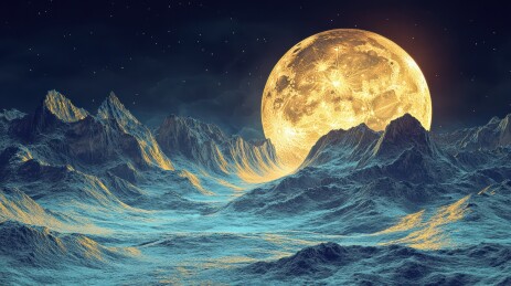 巨大的月亮照亮荒凉山脉