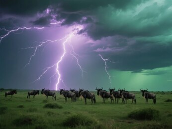 草原上的角马群在雷雨中
