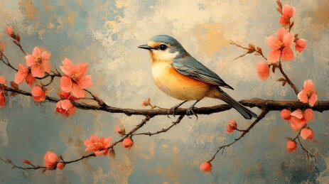 枝头小鸟与烂漫春花插画