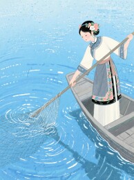 女子撑船捕鱼画面