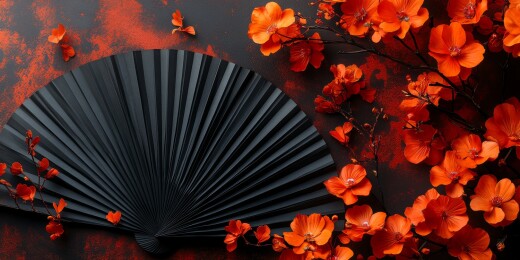 红花扇面中式装饰场景