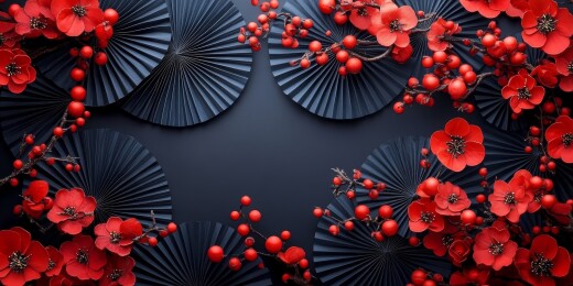 红花扇面中式装饰场景