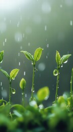 雨中新生绿叶的清新景象