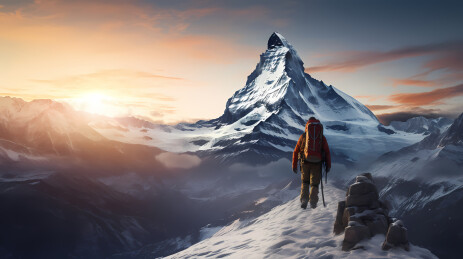 登山者与夕阳下的雪山景色
