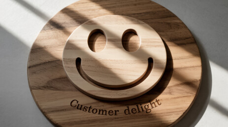 木质圆形抽象笑脸图案象征客户满意度