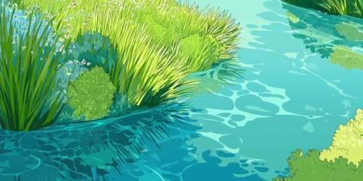 夏天晴朗天气绿色草地间的清澈河水水彩插画