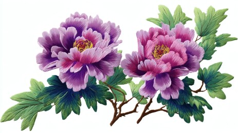 绣花牡丹枝繁叶茂色彩绚丽