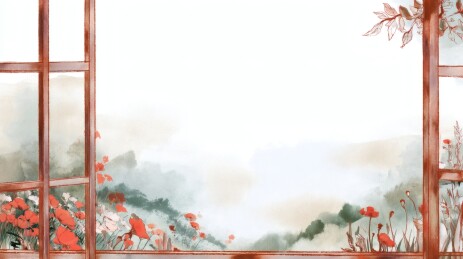 窗景山峦野花水彩画