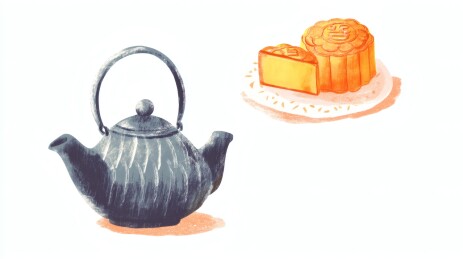 中秋节铁壶月饼水彩画