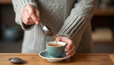 手持茶盏品茶场景