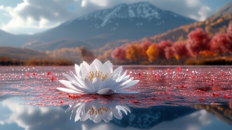 雪山前白莲浮水映秋景