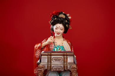 红色背景下大唐风韵女性古装妆容造型