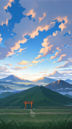 红色鸟居下的宁静山景