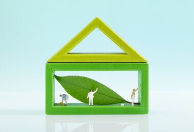 微缩创意绿色家居在树叶上漆的油漆工