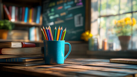 教室桌面上的笔筒