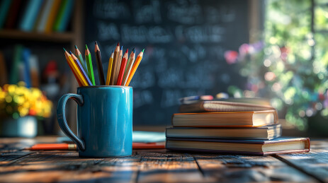 教室桌面上的笔筒