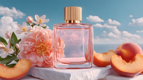 桃香花卉旁的透明香水瓶