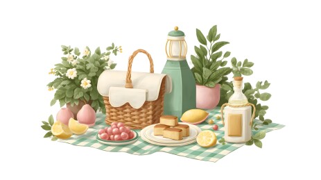 户外野餐场景含篮子食物绿植