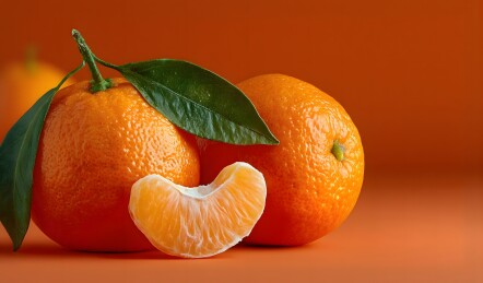 两个带叶橘子与一瓣果肉