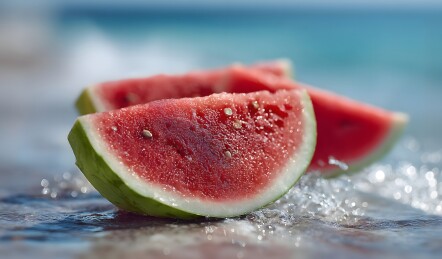 海边沙滩上的两块新鲜西瓜